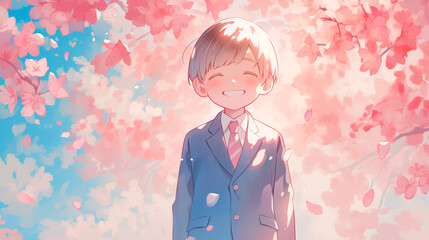 小学校の入学式イメージの桜と笑顔の男の子の水彩イラスト - obrazy, fototapety, plakaty