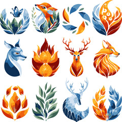 Vector set of deer and nature