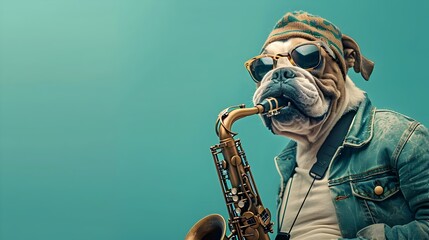 Playful English Bulldog donned in Denim Jacket and Sunglasses masterfully plays Saxophone, a Surreal Illustration - obrazy, fototapety, plakaty