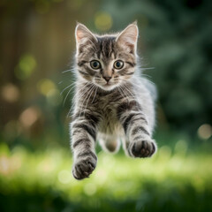 Naklejka na ściany i meble photo of a playful tabby cat jumping mid-air looking at camera.
