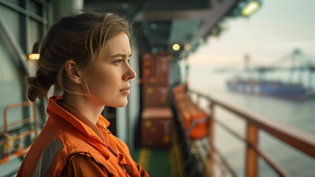 Young Caucasian woman wearing glasses looking out at the sea from the deck of a container ship while working on the ship crew