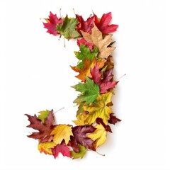 Alphabet of Nature: Letter J Composed of Fresh Multicolored Autumn Leaves on White Background