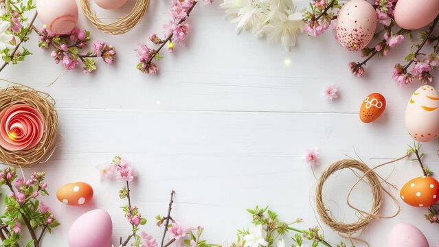 easter background with eggs and flowers 4K