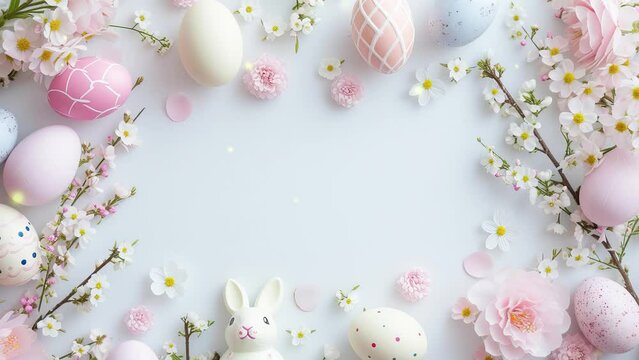 easter background with bunny flowers and eggs, white colors 4K 