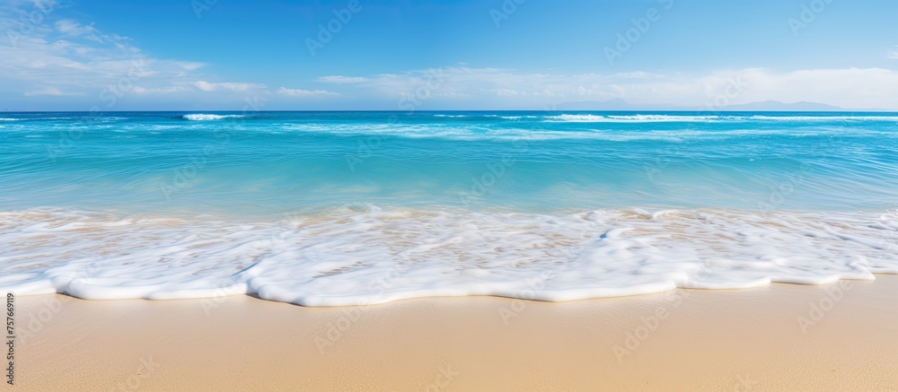 Wall mural a hazy image of a beach with foamy waves crashing on the sand, set against a backdrop of cloudy sky 