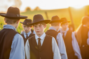 Young Amish Boy in Traditional Attire Against a Sunset Rural Backdrop - obrazy, fototapety, plakaty