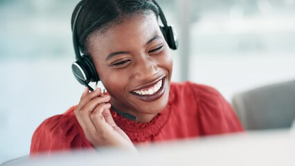 Call center, customer support and black woman on computer for consulting, help and CRM service. Telemarketing, networking and business person with headset for contact, connection and communication - Powered by Adobe