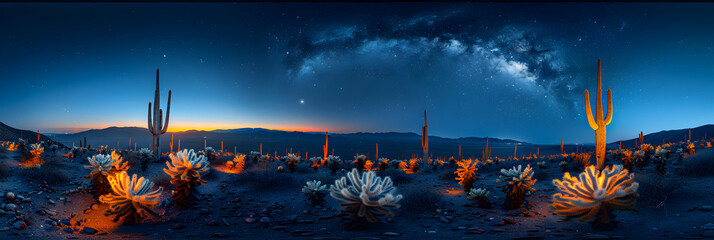 Night photography of a cardon cactus forest Pach,
 view universe space shot of milky way galaxy with stars on a night sky