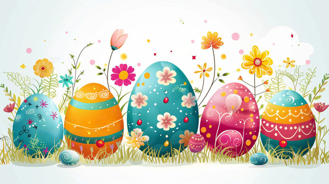 cute Happy Easter cartoon characters and design elements. Easter eggs, flowers,Spring illustration. Funny fashion rabbit, text happy easter