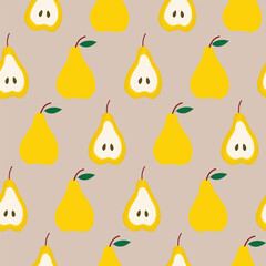 Cute Yellow Pear Fruit Hand Drawn Seamless Pattern - Fresh Healthy Fruit Vector Illustration for Decorative Invitation, Greeting Card, Birthday, Party, Celebration, Wedding, and Kitchen Textiles