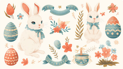 Easter Bunny Clip Art. easter element with retro vintage-styled design. Vintage easter bunny set, Vector set of easter ornaments and decorative elements,	