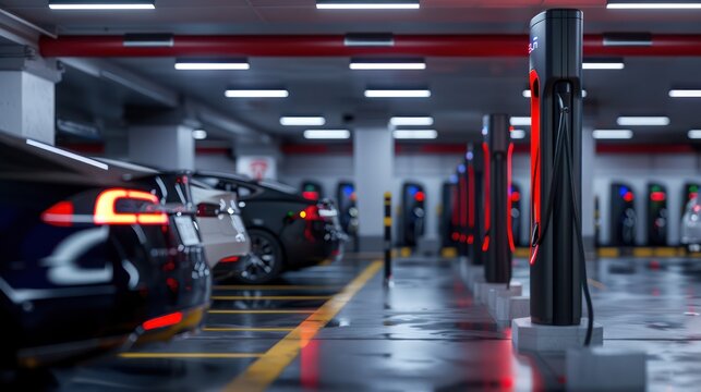 Electric car parking lot with smart parking and charging station.