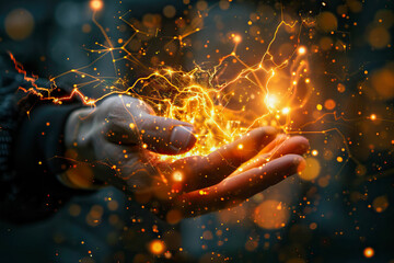  Spark of Creation: A Hand Conjuring a Dazzling Display of Electric Energy and Sparks - obrazy, fototapety, plakaty