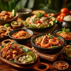  A diverse array of traditional thai foods and dishes on a table.