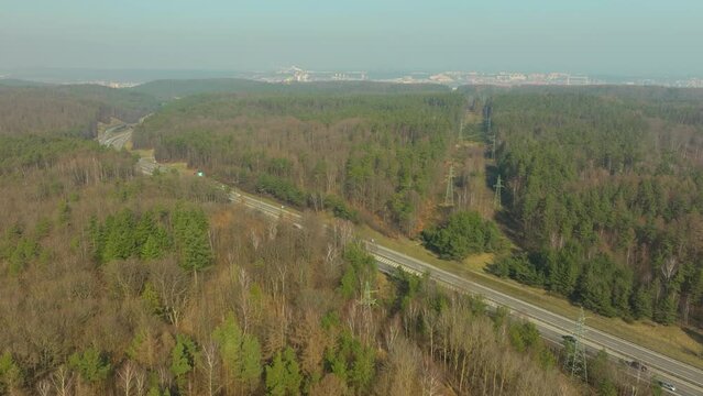 Panoramic Aerial View Of A Country Road With Dense Forest Near Chwarzno, Gdynia, Poland. Aerial Drone Shot
