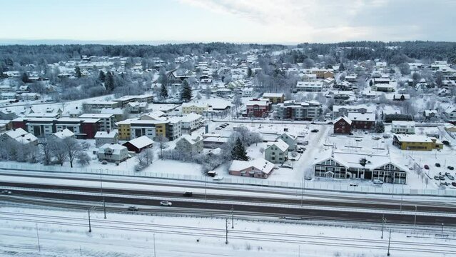 Aerial View Of Alvangen Locality And Motorway In Winter In Ale Municipality, Vastra Gotaland, Sweden.