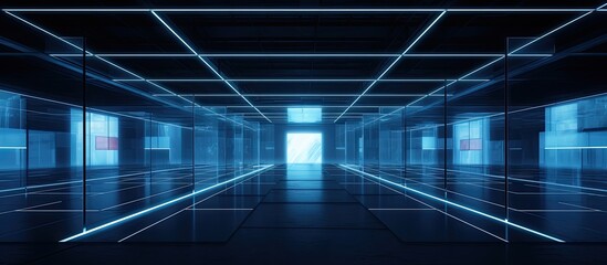 The hallway exudes a futuristic vibe with symmetrical electric blue lights on the ceiling. The rectangular glass display devices add to the hightech ambiance