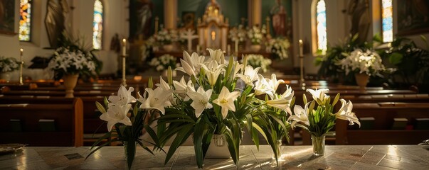 Fototapeta na wymiar A Spiritual Journey Through a Church Adorned with Easter Lilies: A Panoramic Celebration of Resurrection and Renewal