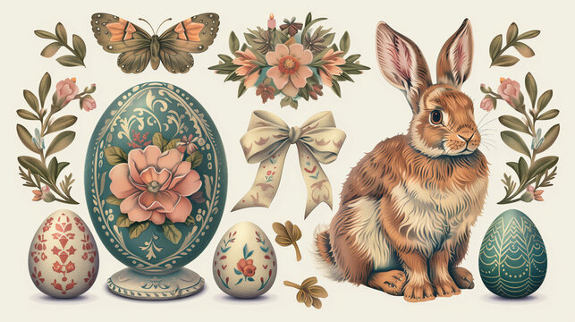 easter element with retro vintage-styled design. Vintage easter bunny, Vector set of easter ornaments and decorative elements, Easter Bunny Clip Art. 	