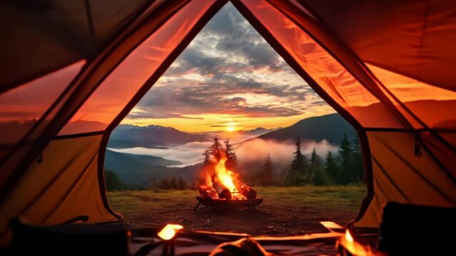 A picturesque camping scene with tents near campfires under a misty morning sky and beautiful sunrise, with warm light emanating from the fire and nature in its element.