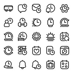 Time management icon collection, including clock, calendar, plan, event, watch, business, deadline, and more.