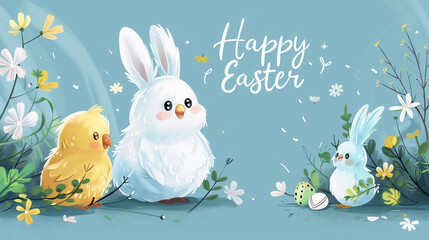 white rabbit and yellow chicken cartoon, Happy Easter greeting card with phrases Happy Easter