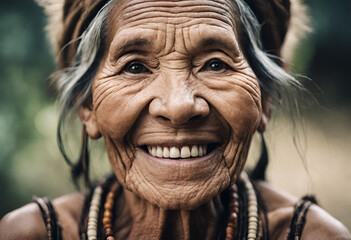 Mulher indígena brasileira idosa sorrindo.
