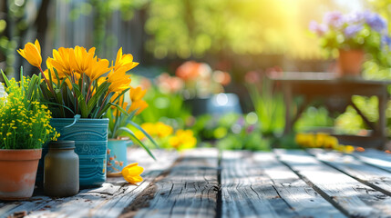flowers on the table, spring flowers in the spring. Spring Break Cleaning DIY landscaping concept	