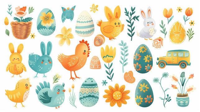 Happy Easter. Set of little cute rabbits., basket, bunny, chicken, eggs. Colored flat vector illustration isolated  Cartoon character. white background
