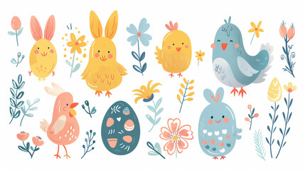 Easter Bunny background, set of Easter Bunny rabbit with colorful Easter eggs vector illustration, Happy Easter greeting card with cute yellow chick, colourful eggs, bunny and rabbit. Animal wildlife 