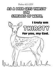 Biblical coloring with simple illustration of a deer, possibly a silhouette