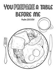 Biblical coloring illustration with delightful illustration of a breakfast dish with a fork and knife, perfect for restaurant menus - 757671191