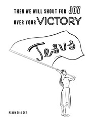 Biblical coloring illustration with a woman waving the big flag writing name of Jesus - 757671197