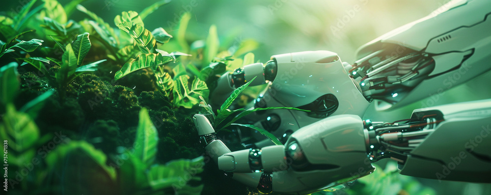 Wall mural AI robot is taking care of green plants - Wall murals