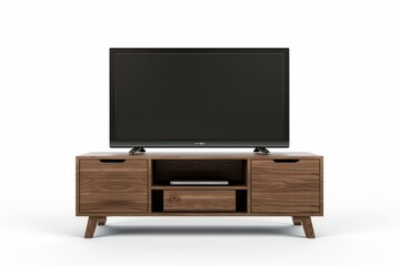 3D Render of a modern TV stand with storage compartments, organizing media devices and accessories, on isolated white background, Generative AI