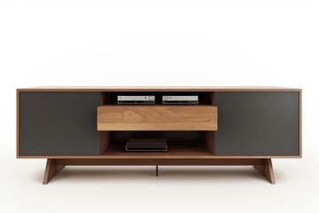 3D Render of a modern TV stand with storage compartments, organizing media devices and accessories, on isolated white background, Generative AI
