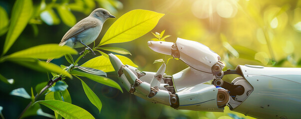 AI robot caring for a little bird, Environmental friendliness and Earth conservation theme - obrazy, fototapety, plakaty