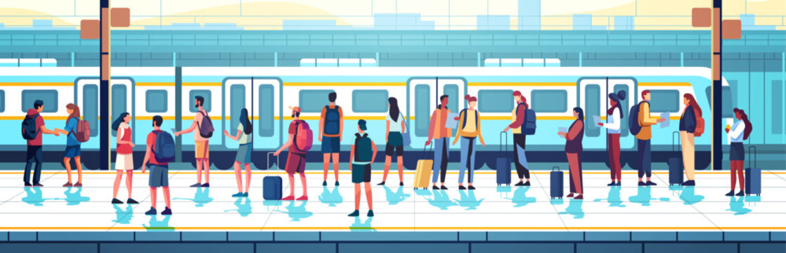 passengers with baggage standing on railway station people waiting on platform public transport transportation concept horizontal