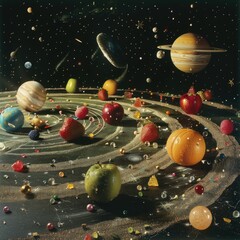 A fantasy scene where fruits are planets in a miniature solar system complete with rings and moons