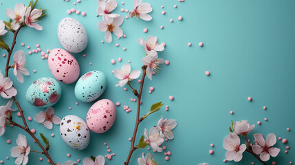 Fototapeta na wymiar easter eggs with flowers on a blue background