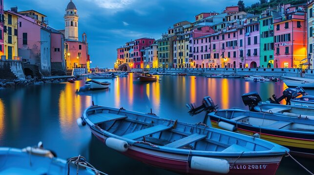 Mystic landscape of the harbor with colorful houses and the boats in Porto Venero, Italy, Liguria in the evening in the light of lanterns.