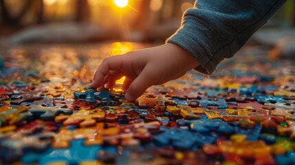 Little boy playing with colorful Autism puzzle pieces in the park at sunset