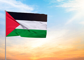 3D illustration of a Palestine flag extended on a flagpole and in the background a beautiful sky with a sunset