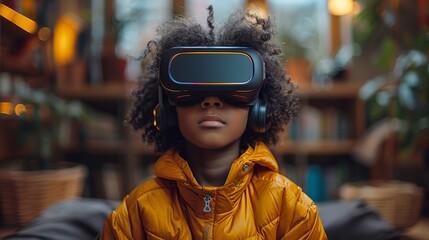 African American boy with afro hairstyle wearing virtual reality goggles