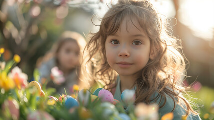 Cute Kids on Easter egg hunt in blooming spring garden. Children searching for colorful eggs in flower meadow, family at Easter in the garden	