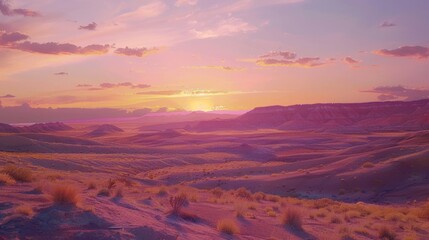 Fototapeta na wymiar Sunset Over Vast Desert Landscape in Pink Tones