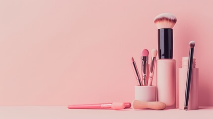 Banner-ready fashion and beauty blog format with front-view makeup products on peach background, plenty of copy space