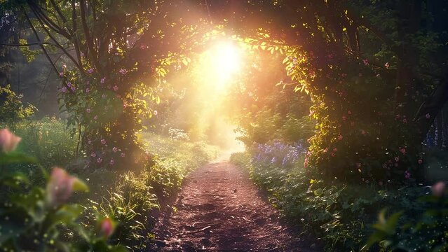 fantasy background in a forest with path. path through enchanting fairytale deep forest view. seamless looping overlay 4k virtual video animation background