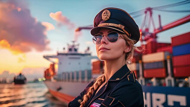 Young Blond Caucasian woman ship captain wearing aviator sunglasses standing proudly next to her container ship at sunset