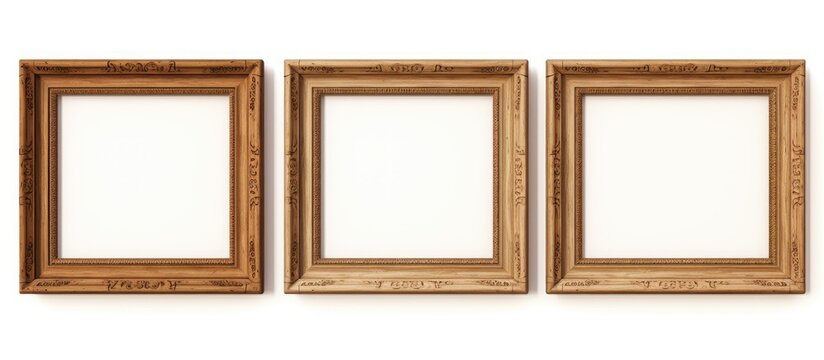 Three hardwood picture frames, stained in shades of brown, are arranged symmetrically on a white background. The rectangular fixtures showcase a beautiful wood pattern